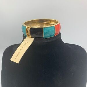 Erica Lyons Enamel Gold Tone Costume Hinged Bangle Bracelet Boho 80’s teal red